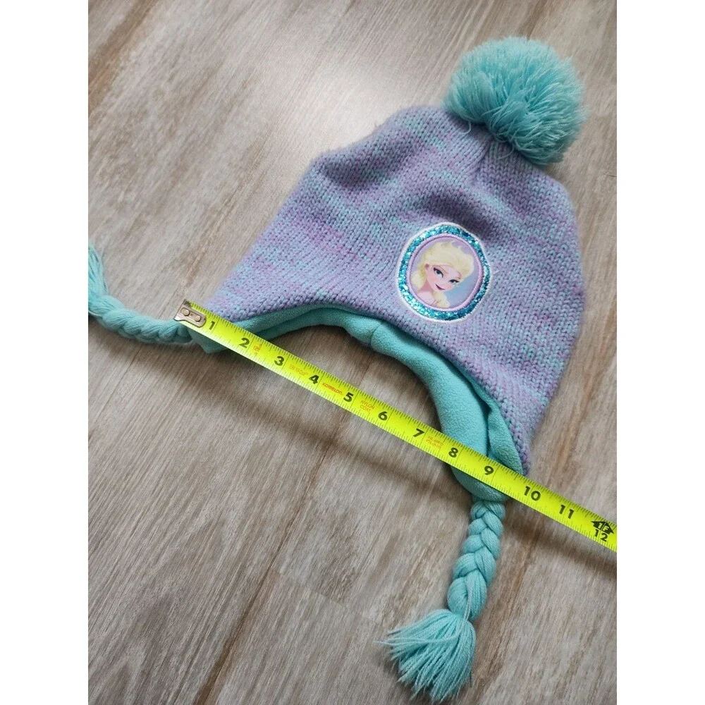 Disney Frozen Elsa Blue Purple Pom Tassel Beanie Fleece Knit Girls Sz 4-14 GUC